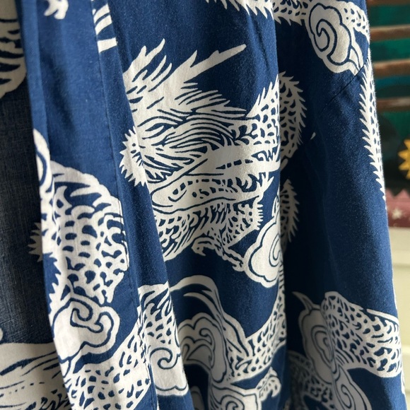 Vintage 70s Dragon Print Belted Kimono Robe OS Unisex Full Length Navy Cotton - Picture 2 of 12